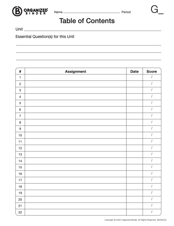 A chart called "Table of Contents" with a list of numbers along one side and space to write assignments and dates